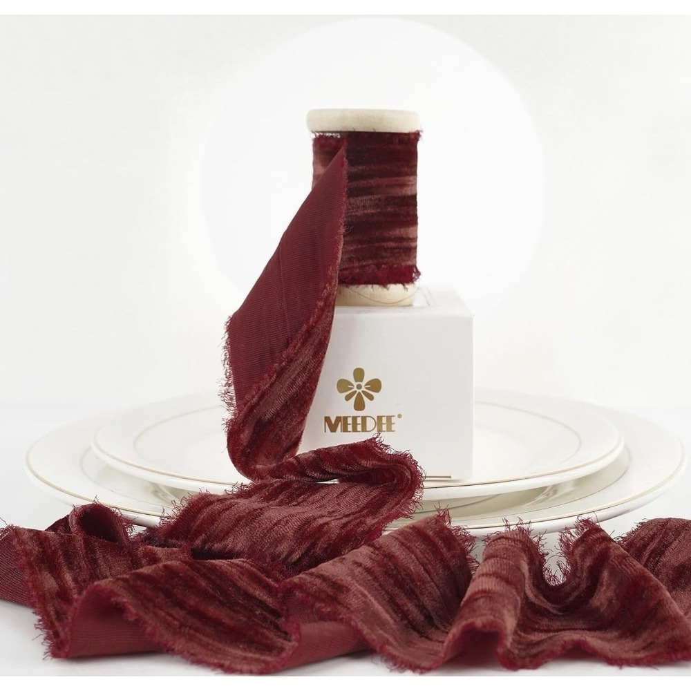 C0013-Meedee Rust Crinkle Velvet Ribbon Frayed Edge 3"x8 Yards 2 Spools Burgundy